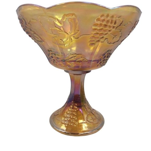 Indiana Glass Iridescent Marigold Scalloped Edge Compote Carnival Glass Circa 19 - Picture 6 of 9